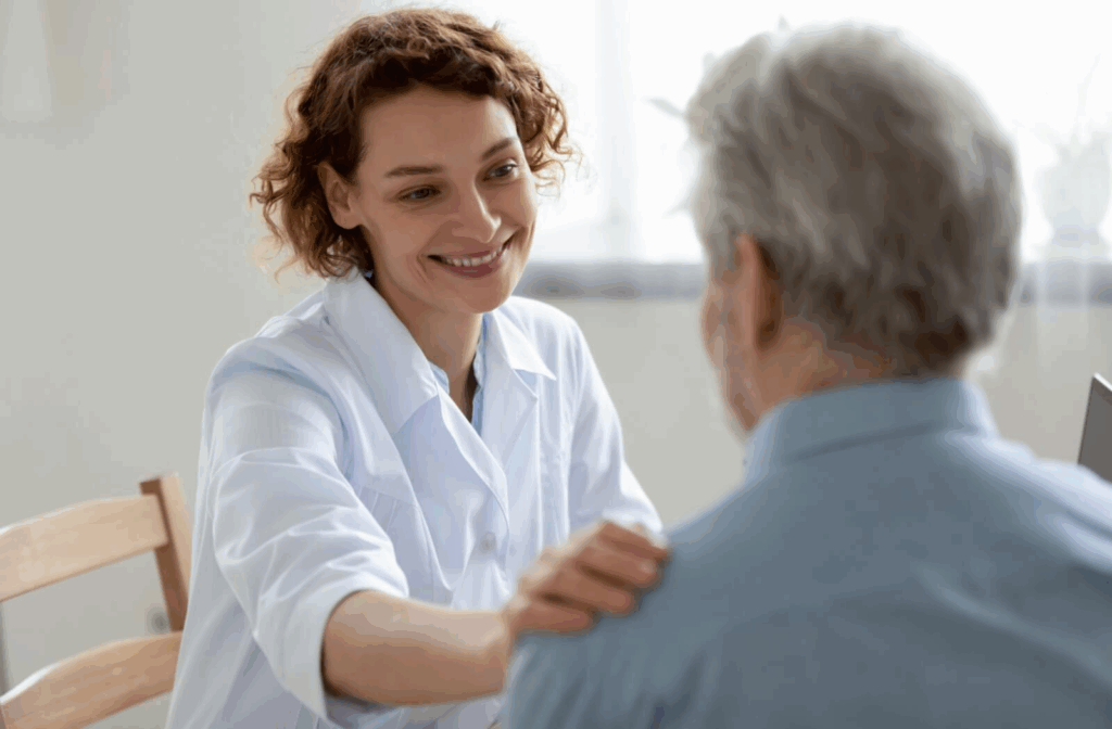 A caregiver smiles while gently touching a resident's shoulder in memory care to reassure them